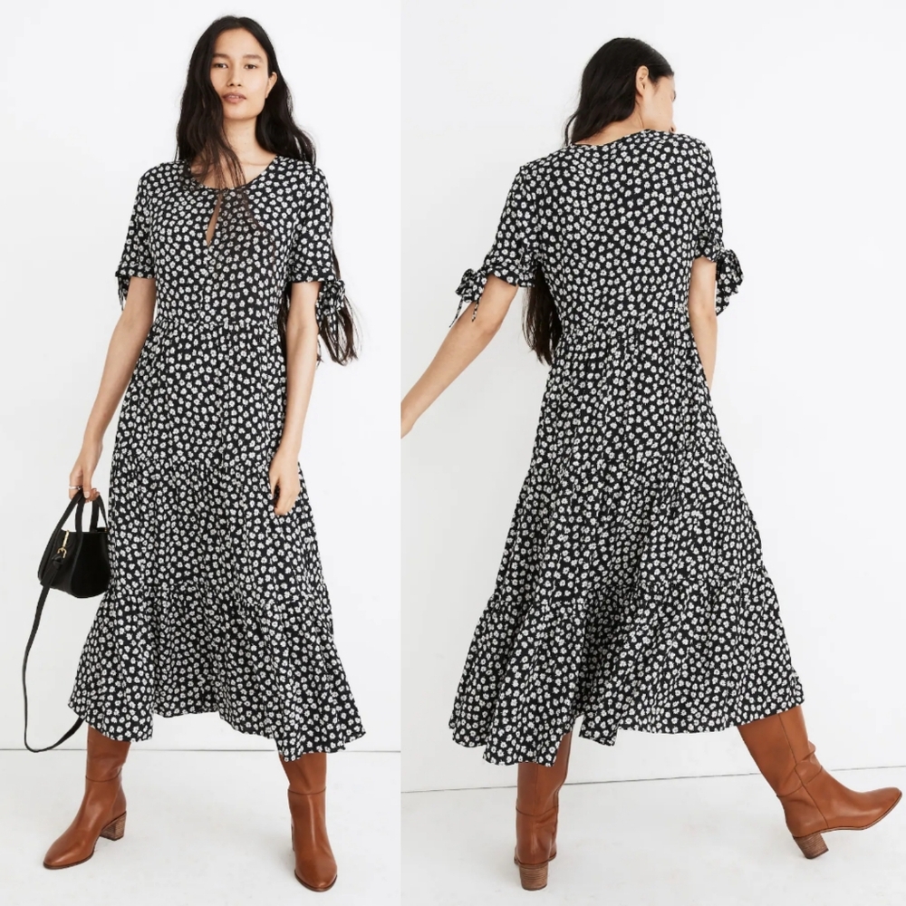 FLAWED MADEWELL Tie-Sleeve Tiered Midi Dress In Woodcut Flowers 4.
